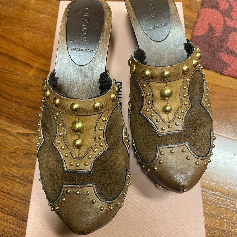 Miu Miu Suede Leather Shearling Lined Studded Clog Mules